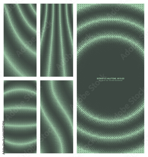 Assorted vector bitmap dark green halftone pattern set in vertical 9:20 aspect ratio including striped round frame and various unique textures. Varied 8 bit retro style graphic design elements bundle