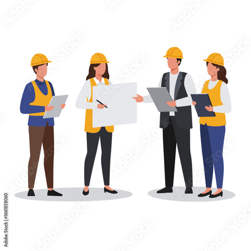 A diverse team of skilled construction professionals, including engineers and architects, collaborates on a new project, diligently reviewing blueprints and discussing plans.