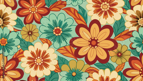 Retro floral pattern with muted orange teal and yellow flowers seamless pattern vintage