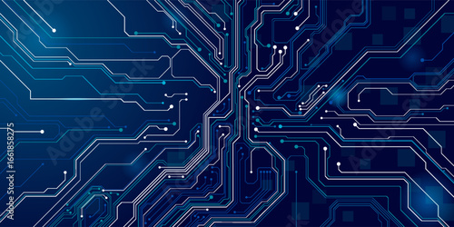 AI innovation futuristic concept. Technology blue background. ON Power blue button, and circuit board. Artificial intelligence and Machine Learning cover. For web and presentation bg.