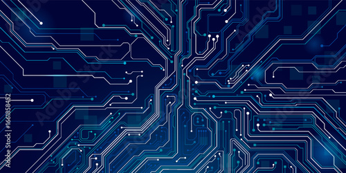 AI innovation futuristic concept. Technology blue background. ON Power blue button, and circuit board. Artificial intelligence and Machine Learning cover. For web and presentation bg.