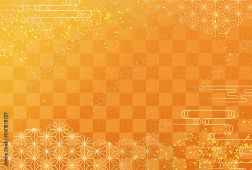 秋　オレンジ　和柄　金・高級感・雲　市松模様　背景
