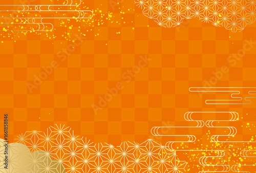 秋　オレンジ　和柄　金・高級感・雲　市松模様　背景