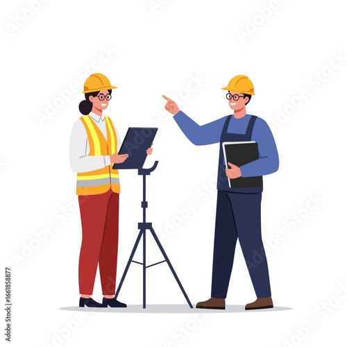 Two professional construction workers, an engineer and a site manager, collaborate on a project with surveying equipment, discussing plans and ensuring safety.