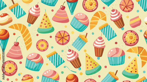 Seamless pattern of colorful cartoon sweets and desserts on yellow background vector