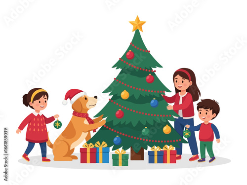 Family Joy with Christmas Tree: A heartwarming depiction of a family and a dog adorning a Christmas tree, with joy, gifts, and festive ornaments.
