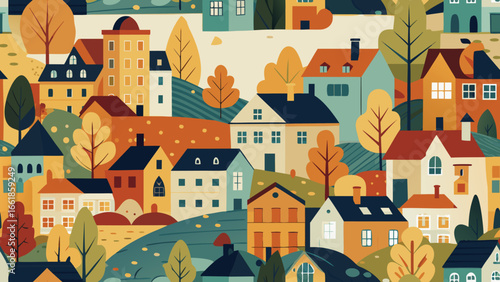 Vector illustration of a charming autumn city landscape with colorful houses and trees