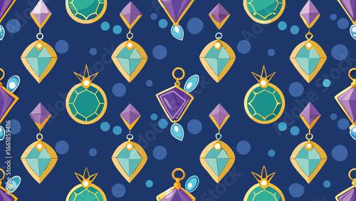 Seamless pattern of dangling gemstones and circles on dark blue background jewelry