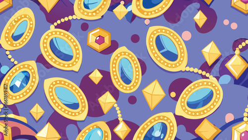 Seamless pattern of gold framed blue gemstones and yellow diamonds jewelry