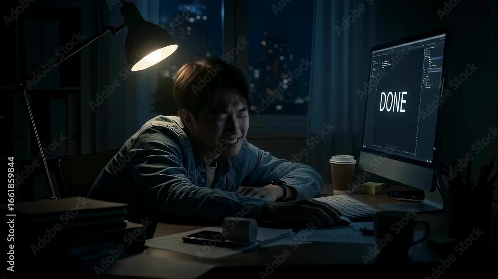 Young asian man programmer sleeping, waking up, and happy after successful coding late at night, software development footage Young asian man programmer sleeping, waking up, and happy after successful coding late at night, software development footage