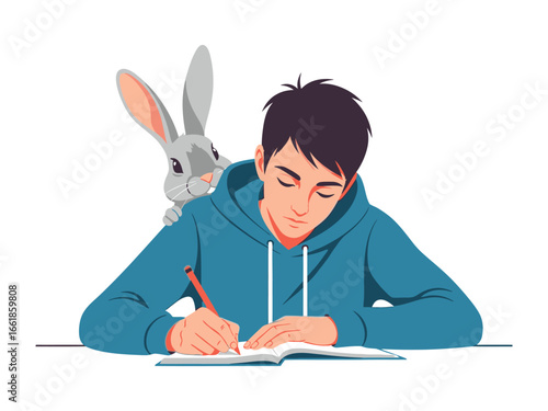 Whimsical Rabbit's Companion: A young man immersed in writing is playfully observed by a curious rabbit, in an illustrative depiction of creative inspiration and companionship.
