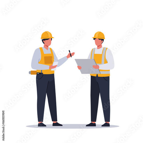 Professional male colleagues, dressed in safety helmets and high-visibility vests, engage in a focused discussion about project plans and site management.