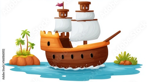 Cartoon pirate ship sailing tropical island