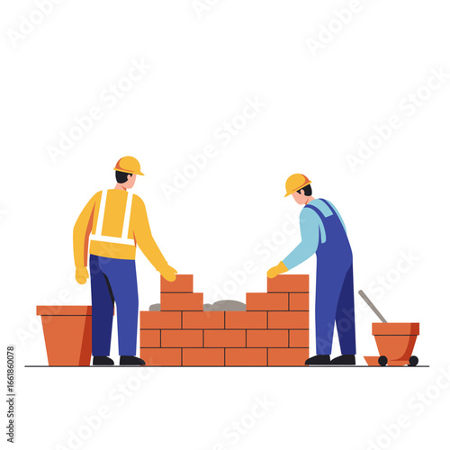 Two skilled construction workers in safety gear are diligently laying bricks to erect a sturdy wall, showcasing teamwork and professional craftsmanship on a building site.