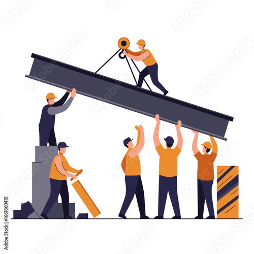 Dedicated construction crew members are actively engaged in lifting a large steel beam with a crane, highlighting industrial teamwork and infrastructure development.