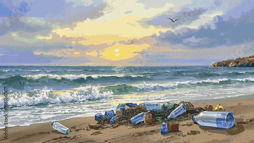 Tide of Neglect A beach view full of trash isolated watercolor vector illustration svg