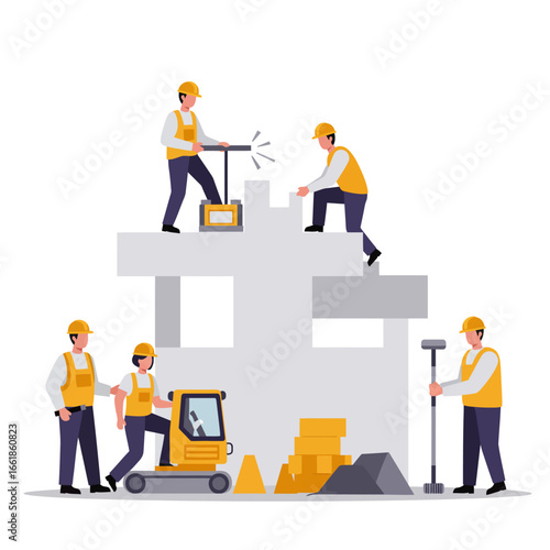 Dedicated construction workers in hard hats and safety vests collaborate diligently, building a new structure and showcasing teamwork on a busy site.