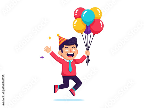 Joyful Celebration with Balloons: A cheerful, animated illustration depicts a person brimming with excitement as he joyfully leaps, clutching a bouquet of vibrant balloons.