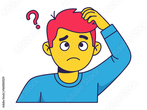 Contemplative Query: An individual, marked by expressive illustration, grapples with confusion, symbolized by a query mark and a look of bewilderment.
