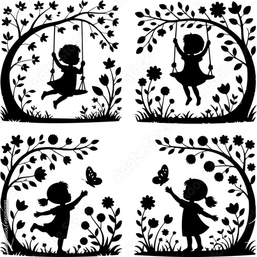 four black and white silhouette illustrations featuring children interacting with nature in whimsical ways