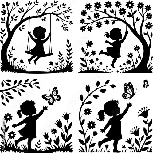 four black and white silhouette illustrations featuring children interacting with nature in whimsical ways