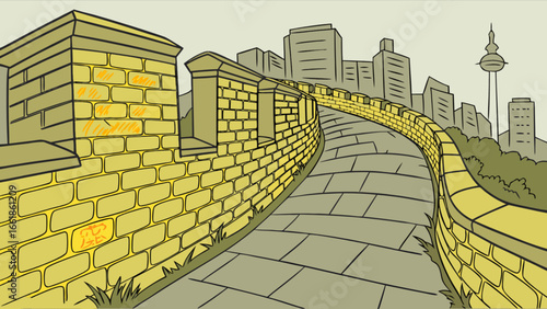 Great wall of china cartoon illustration, chinese architecture and landmark drawing, travel and tourism