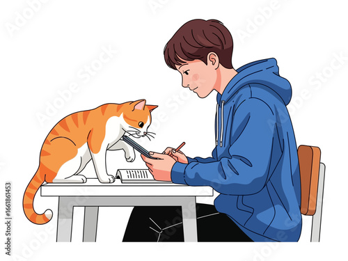 Study Time Companionship: A young individual diligently studies, their focus unbroken as their feline companion curiously observes. The scene highlights the comfort of studying side by side.