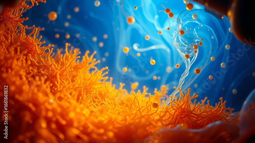 vibrant microscopic landscape of golden enterocyte villi amidst swirling blue intestinal fluid mist illuminated by warm softbox light evoking sense of wonder