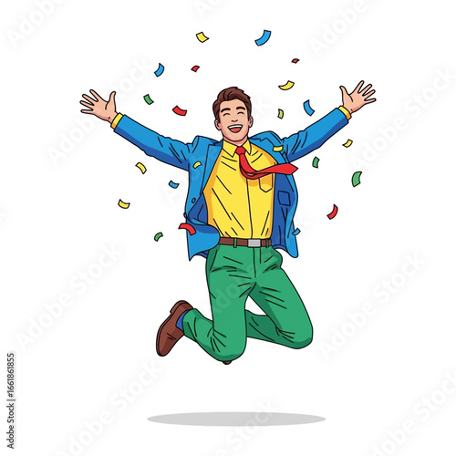 Embracing Triumph and Joy: A vibrant illustration captures a cheerful man celebrating success with arms outstretched, confetti raining down, embodies pure elation and achievement. 