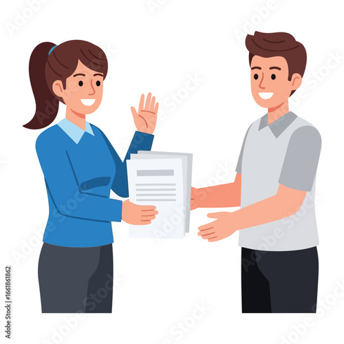 Document Exchange: A visual depiction of a woman handing over a stack of documents to a man. conveying transaction and communication, showing the essence of collaboration.