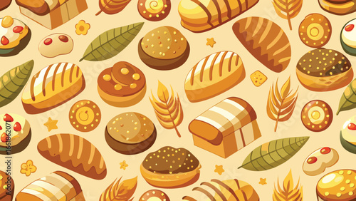 Seamless pattern of baked breads pastries leaves and wheat ears pastry baked goods