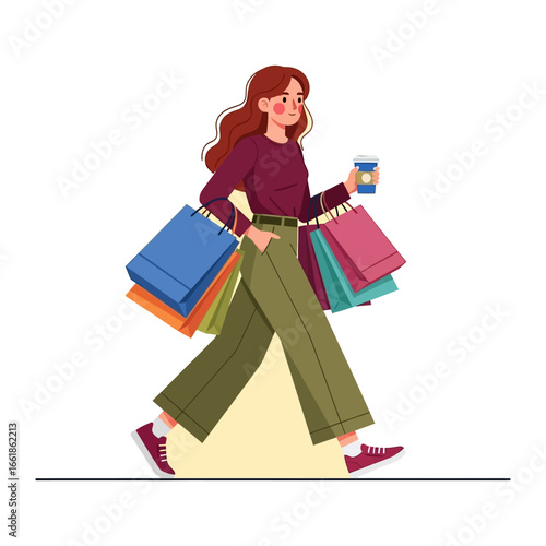 Retail Therapy: A woman strolls with shopping bags and a coffee cup, showcasing a lifestyle of shopping, leisure, and casual enjoyment. 