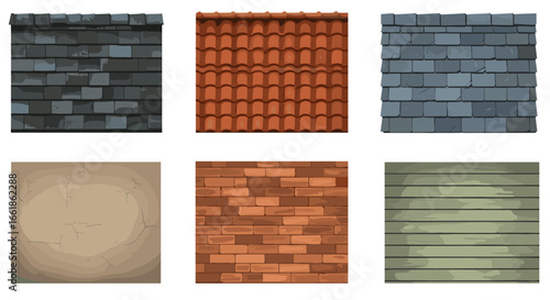 Collection of six distinct textured surfaces including slate tiles clay roof tiles stone brick and wood planks isolated on transparent background