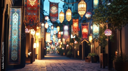A picturesque, illuminated alleyway adorned with colorful banners and lanterns.