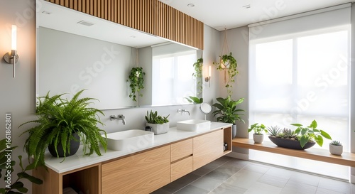 Wallpaper Mural Bright Modern Bathroom with Double Vanity, Natural Wood Accents, and Lush Green Plants Torontodigital.ca