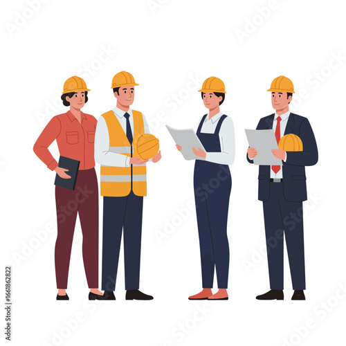 A diverse team of construction and engineering professionals, wearing hard hats, collaborates on a project, reviewing important blueprints and plans.