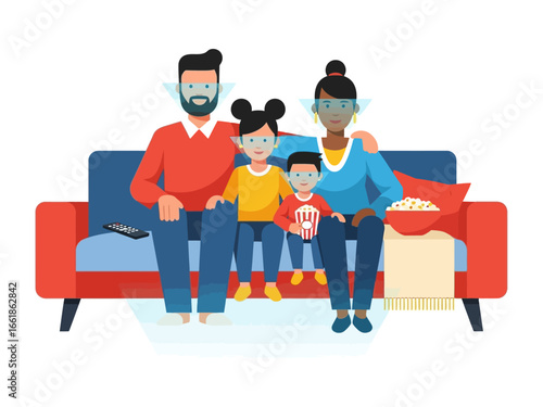 Family Movie Night: A close-knit family, huddled together on a cozy couch, enjoys a movie night with popcorn and laughter, the essence of togetherness in their shared experience.