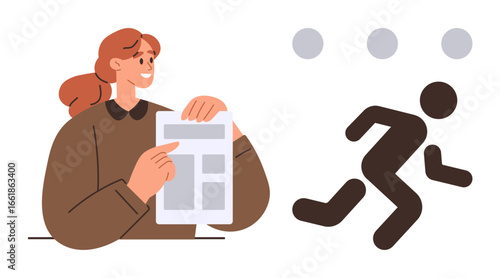 Woman holding paper while pondering over details next to running figure graphic. Ideal for project planning, workflow management, data analysis, strategy, multitasking, progression, simple flat