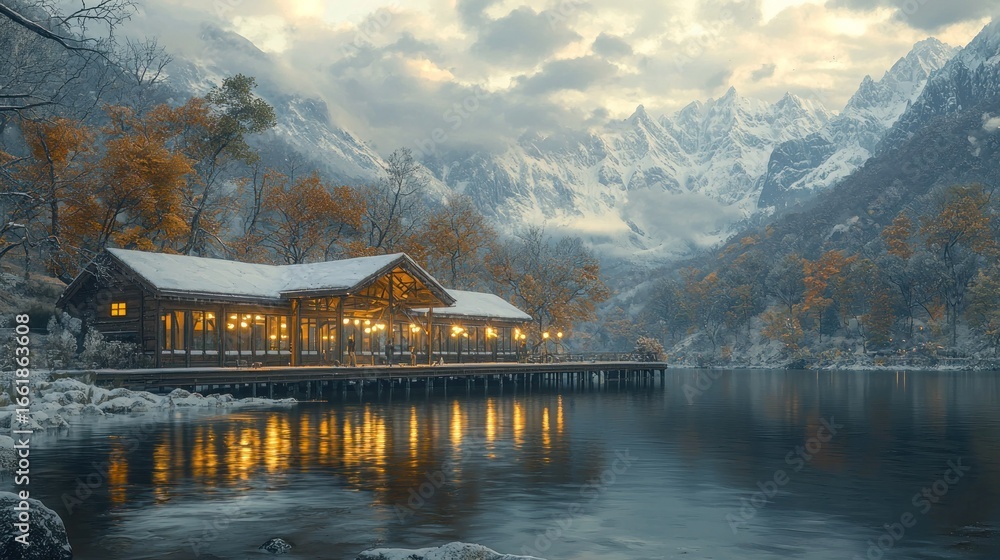 Fototapeta premium Snow-Covered Lakeside Lodge with Mountain View