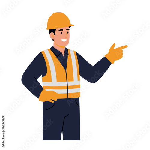 A smiling male construction worker in a yellow hard hat and reflective vest confidently points right, representing professional guidance and industry expertise.