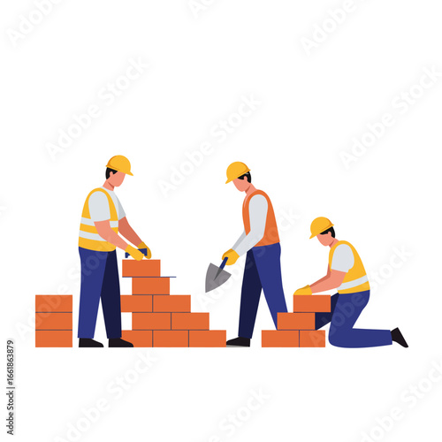 Dedicated construction workers in safety gear are diligently laying bricks to construct a new wall, demonstrating teamwork and skilled craftsmanship on a job site.