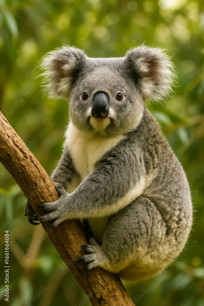 Fototapeta premium Cute koala sitting on a tree branch in natural habitat