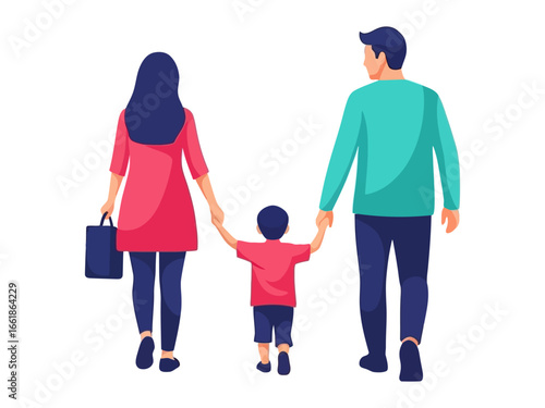 Family Walk: A digitally illustrated image depicting a family walking together, holding hands, symbolizing unity, love, and togetherness.