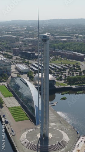 Vertical establishing view of the Glasgow Science Centre in Glasgow, Scotland, United Kingdom