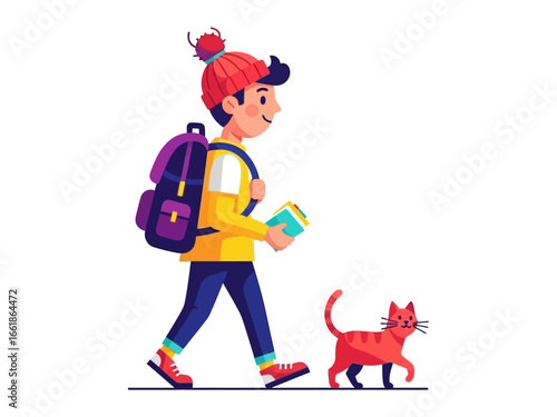 Walking to school with cat: The illustration showcases a young individual, filled with joy and anticipation as they begin their journey to school.