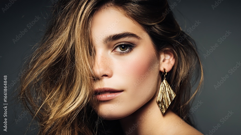 Fototapeta premium The head of a charming young woman with light brown hair, dark roots, and a gradient effect, looking directly at the camera against a simple gray background.