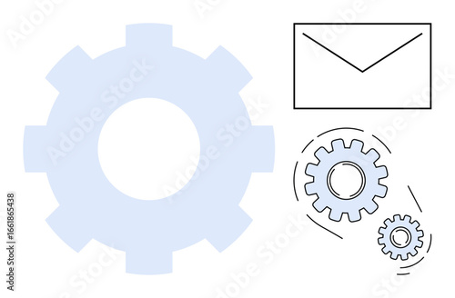 Gear mechanisms and envelope imply teamwork, process efficiency, communication, and workflow automation. Ideal for productivity, efficiency, teamwork, email systems, innovation strategy simple flat