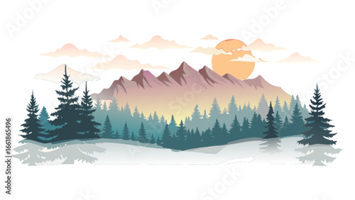 Vector illustration of winter mountain landscape with pine trees and setting sun background scene