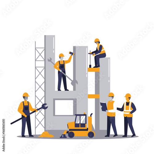 A diverse team of construction workers in safety gear diligently collaborate to build a modern structure, showcasing teamwork and industrial development.