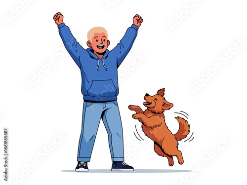 Joyful Reunion: A cheerful young man joyfully reunites with his playful canine companion in this vivid illustration, capturing the heartwarming connection between humans and animals.